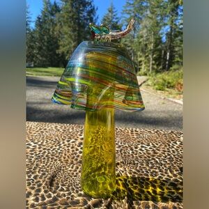 Colorful Vintage Glass Mushroom Art with Dragonfly (handmade)